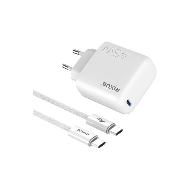 Rixus RXHC45C Hurtigoplader USB-C Kabel 1.8m 45W Hvid