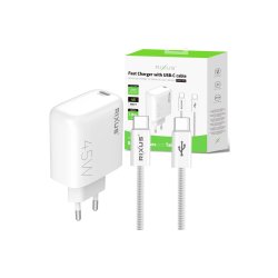 Rixus RXHC45C Hurtigoplader USB-C Kabel 1.8m 45W Hvid