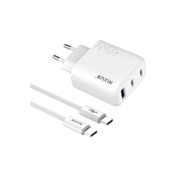 Rixus RXHC65C Hurtigoplader USB-C Kabel 1.8m 65W Hvid
