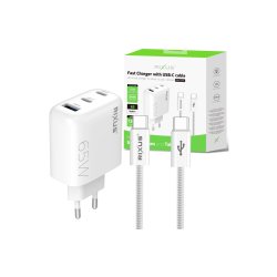 Rixus RXHC65C Hurtigoplader USB-C Kabel 1.8m 65W Hvid