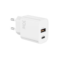Hurtigoplader CH30AC USB-A og USB-C to porte 30W Hvid