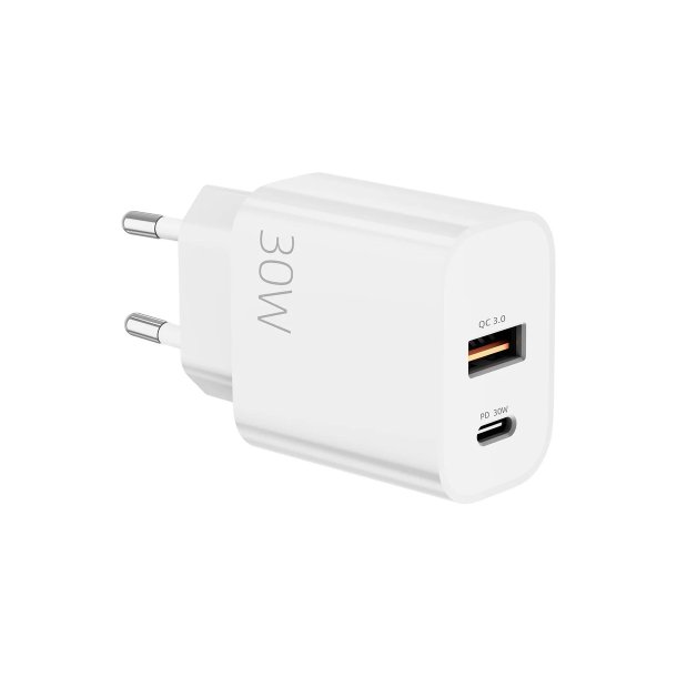 Hurtigoplader CH30AC USB-A og USB-C to porte 30W Hvid