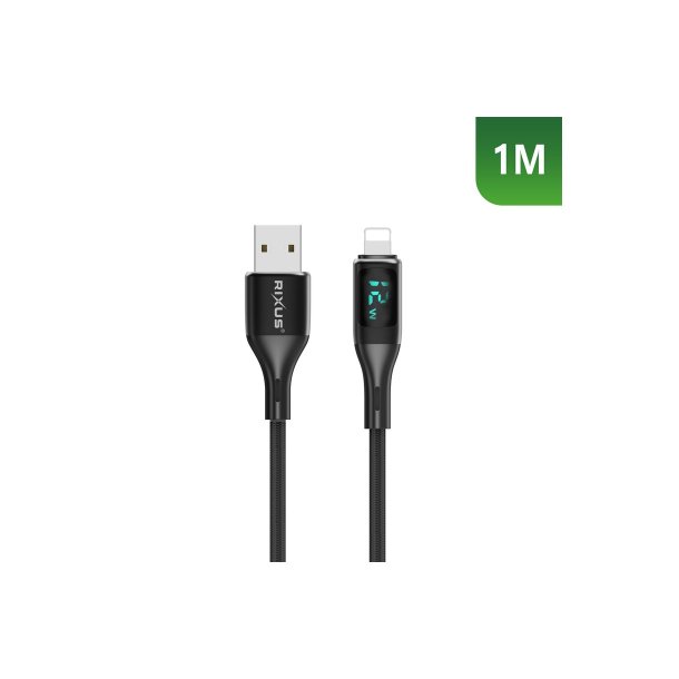 Rixus Lightning kabel braided LED Display 1m Sort RXUC28AL